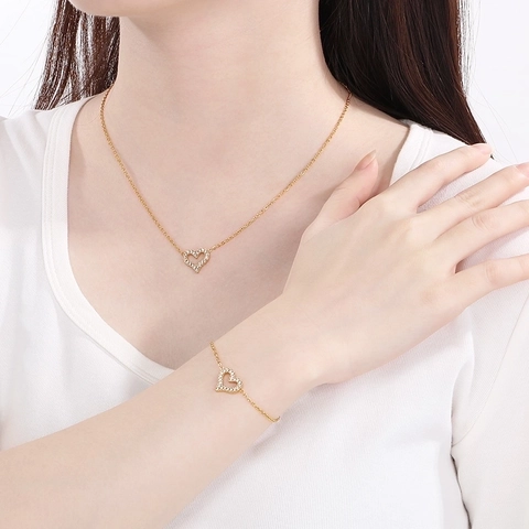 Collana Bracciale Orecchini Cuore Cavo Acciaio Inossidabile Strass Micropavé Gioielli Moda Elegante Per Donne