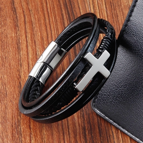 Bracciale Multistrato In Pelle Da Uomo Con Ciondolo A Croce In Acciaio Inossidabile Cordino Intrecciato Chiusura Magnetica