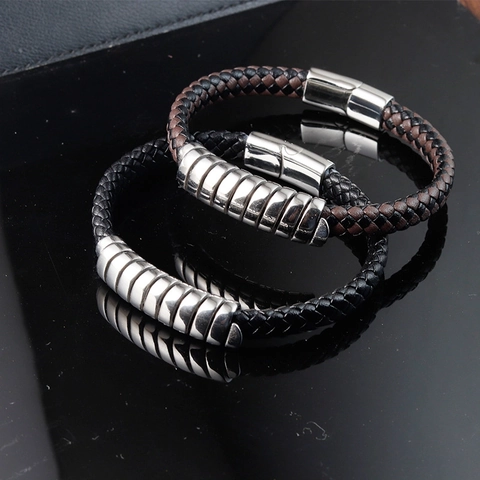 Braided Leather Bracelet For Men With 316L Stainless Steel Magnetic Clasp Geometric Rings Vintage Street Style