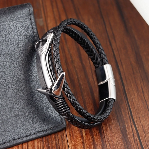 Pulsera Hombre Multicapa Cuero Trenzado Retro Con Cierre Magnético De Acero Inoxidable 316L Amuleto Ancla Náutica Joyería Punk