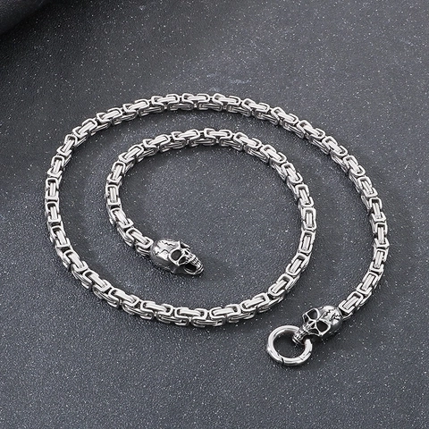 Byzantine Chain Necklace Men Stainless Steel Skull Head Clasps Punk Rock Biker Jewelry