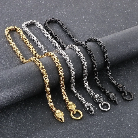 Collar De Cabeza De Calavera Para Hombre Acero Inoxidable Cadena Bizantina Gótico Hip Hop Punk Joyería