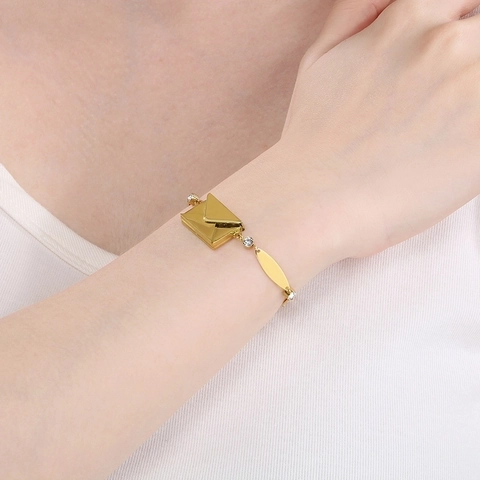 Stainless Steel Zircon Bracelet With Envelope Pendant Love You Engraved Adjustable Minimalist Jewelry For Women