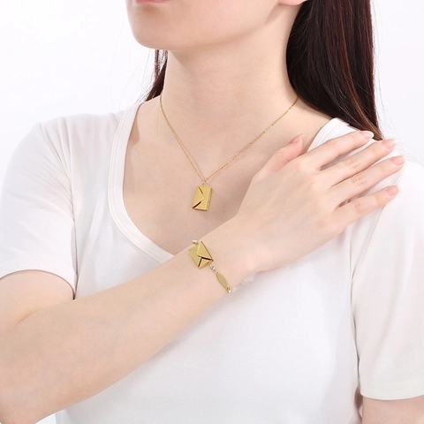 Fashion Stainless Steel Jewelry Opening Envelope Pendant Necklace And Rhinestone Bracelet For Women Romantic Gift