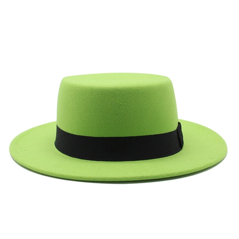 Vintage Boater Hat Flat Top Wide Brim Woolen Felt Style Elegant Fedora With Black Ribbon For Women Men