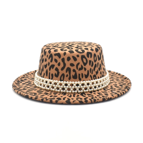 Fedora Hut Mit Leopardenmuster Wollfilz Boater Mit Künstliche Perlenband Flaches Oberteil Breite Krempe Retro Jazz Kappe Für Damen Herren
