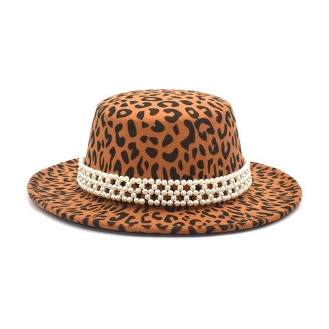 Fedora Hut Mit Leopardenmuster Wollfilz Boater Mit Künstliche Perlenband Flaches Oberteil Breite Krempe Retro Jazz Kappe Für Damen Herren