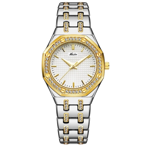 MISSFOX Women's Luxury Octagonal Quartz Watch Fashion Rhinestone Inlaid Alloy Strap Grid Dial Waterproof Wristwatch Jewelry Gift