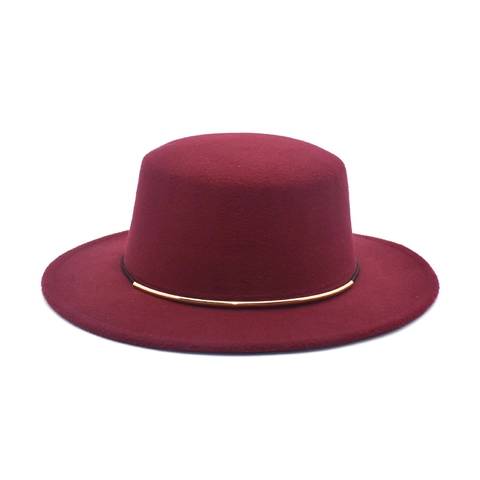 Flat Top Fedora Hat For Men Women Woolen Wide Brim Boater Hat With Gold Metal Tube Decor British Style Solid Vintage