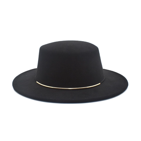 Flat Top Fedora Hat For Men Women Woolen Wide Brim Boater Hat With Gold Metal Tube Decor British Style Solid Vintage