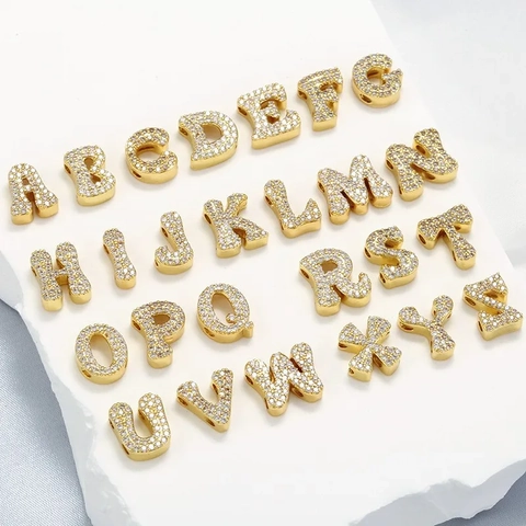 Micro Pave Cubic Zirconia Alphabet Initial Letter Charms Brass 18K Gold Plated Slider Beads For DIY Jewelry Making
