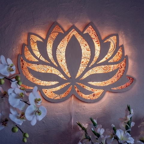 Mandala Night Light Wooden Lotus Flower 3D LED Backlit Wall Lamp Yoga Room Meditation Zen Decor Art Atmosphere Lighting