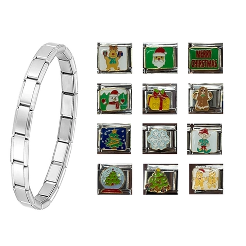 Italian Charm Bracelet Stainless Steel Elastic Modular Bangle Enamel Christmas Theme Santa Snowman DIY Jewelry