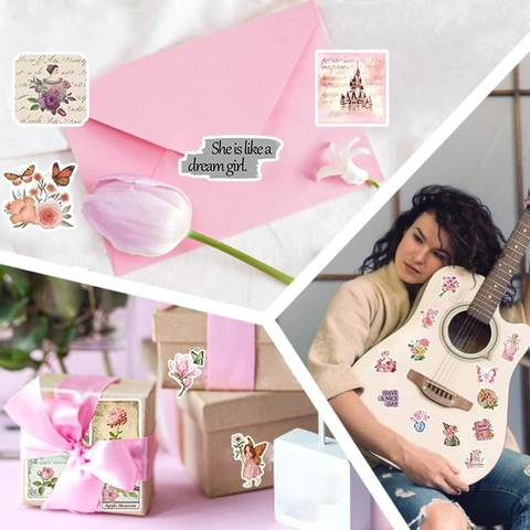 Vintage Pink Wasserdichte PVC Aufkleber Blumen Architektur Für Scrapbooking DIY Dekor Gitarre Laptop Journaling
