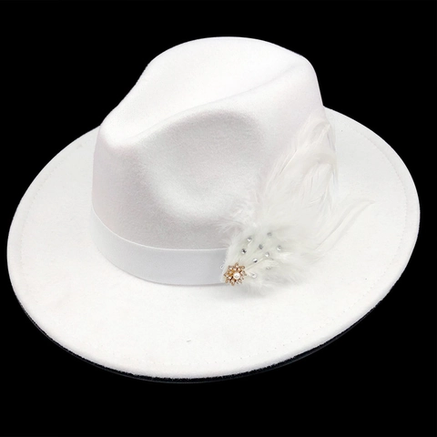 Witte Wollen Vilt Fedora Hoed Met Veer Kunstparel Broche Rode Onderkant Brede Rand Jazz Hoed Voor Dames Heren