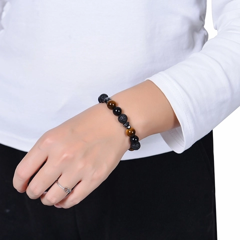 Natural Tigerauge Und Lavastein Perlenarmband Mit Hämatit-Abstandshaltern Elastischer Unisex-Minimalistischer Schmuck