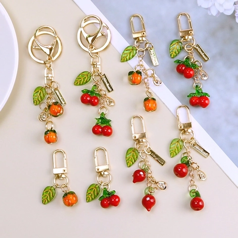 Cute Persimmon Cherry Fruit Keychain Glass Alloy Pendant For Car Bag Airpods Case Creative Handmade Gift For Women