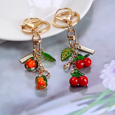 Cute Persimmon Cherry Fruit Keychain Glass Alloy Pendant For Car Bag Airpods Case Creative Handmade Gift For Women