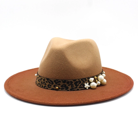 Breitkrempiger Fedora Hut Wollfilz Zweifarbig Leopardenband Künstliche Perle Blumen Deko Elegant Retro Jazz Western Stil