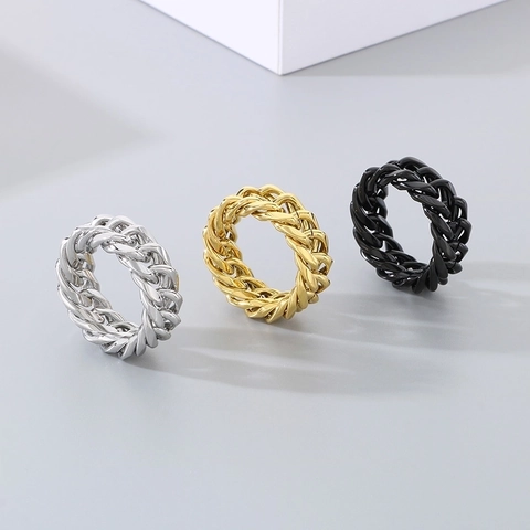 Anillo De Cadena Cubana De Titanio Y Acero Inoxidable Bañado En Oro De 18K Banda De Tejido Doble Estilo Punk Hip Hop