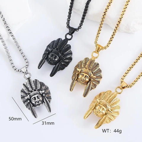 Collana Con Pendente Testa Di Capo Indiano Uomo Retrò Punk Hip Hop Acciaio Inossidabile 304 Gioielli Lucidati Accessorio