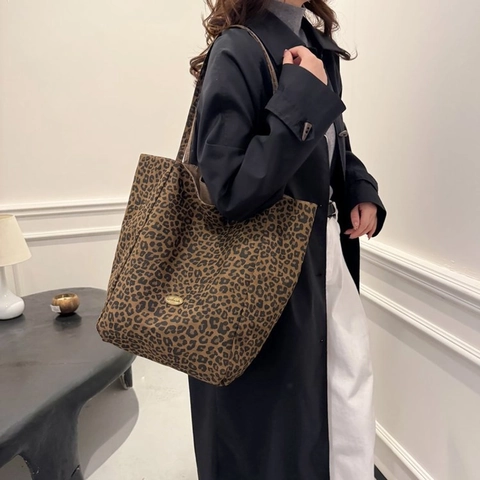 Borsa Tote Leopardata Tela Grande Capacità Reversibile Borsa A Spalla Vintage Pendolare Stampa Lettere Donne