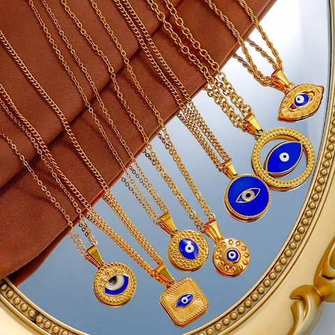 Evil Eye Pendant Stainless Steel Gold Plated Blue Enamel Geometric Charm DIY Jewelry Making Accessories Bohemian Style
