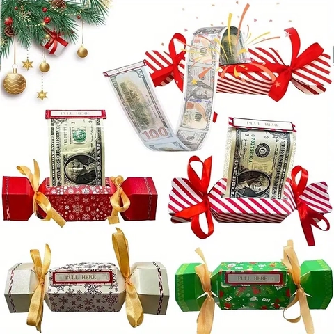 Christmas Money Pulling Gift Holder Candy Shaped Paper Cash Surprise Dispenser With Ribbons And Bags For Holiday Party Festive