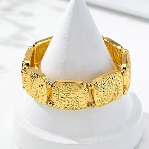 Retro 18K Vergoldeter Kupfer Armreif Armband Für Damen Geometrisches Blatt Relief Textur Künstliche Perlen Schmuck