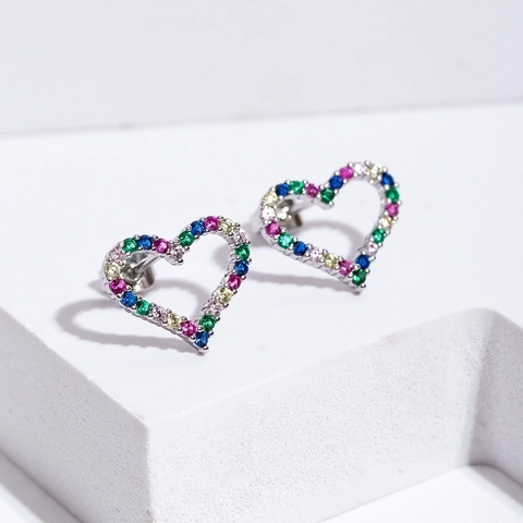 Fashion Heart Shaped Copper Stud Earrings With Colorful Zirconia Inlaid Minimalist Gold Silver Plated Jewelry For Women