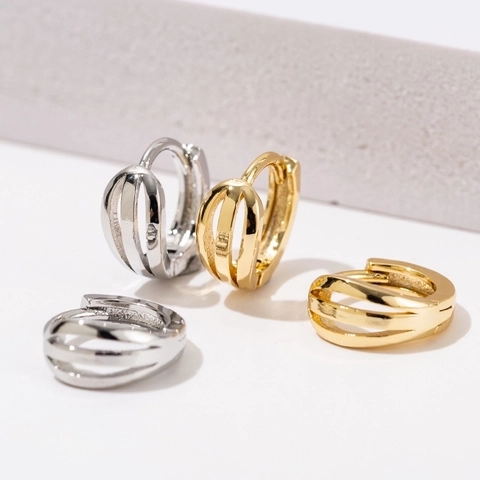 Minimalist Multi Layer Hollow Geometric Hoop Earrings Copper 18K Gold Plated Polished Tiny Ear Buckles For Women