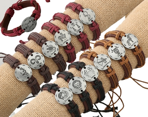 Bracciale In Pelle Intrecciata Segno Zodiacale Retrò Pelle Bovina Regolabile Ciondolo In Metallo Gioielli Per Uomo Donna