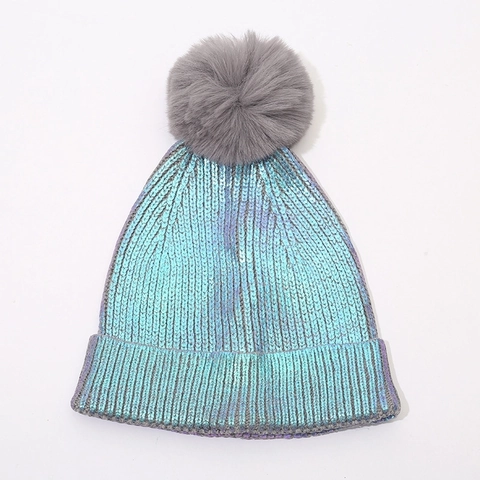 Metallic Laser Knit Beanie Hat With Fur Pom-Pom Winter Warm Hip Hop Streetwear Ribbed Cuffed Skull Cap For Women Men