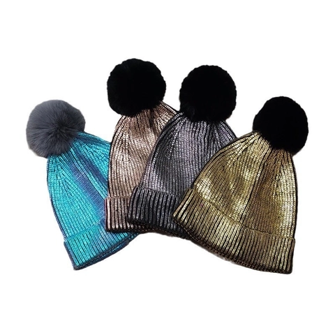 Metallic Laser Knit Beanie Hat With Fur Pom-Pom Winter Warm Hip Hop Streetwear Ribbed Cuffed Skull Cap For Women Men