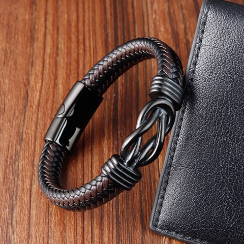 Bracciale Da Uomo In Pelle Intrecciata Con Nodo Infinito In Acciaio Inossidabile 316L E Chiusura Magnetica