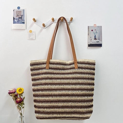 Woven Straw Tote Bag Large Capacity Striped Beach Shoulder Handbag With Zipper For Women Summer Casual Vacation Travel
