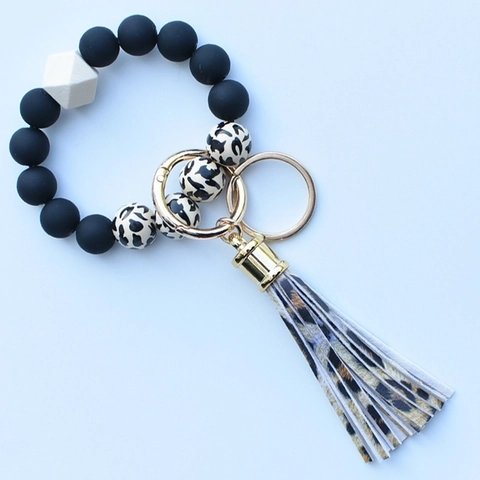 Pulsera Llavero De Cuentas De Silicona Y Madera Con Borla De PU Estampado De Leopardo Llavero Moderno