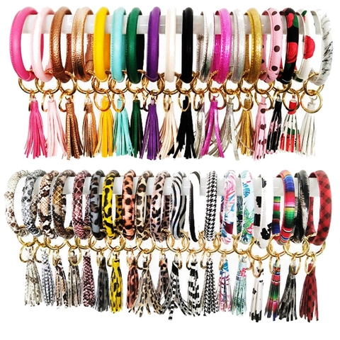 PU Leder Armreif Schlüsselanhänger Mit Quaste Leopard Blumenmuster Bedruckt Schlüsselring Armband Für Damen Mode Schmuck