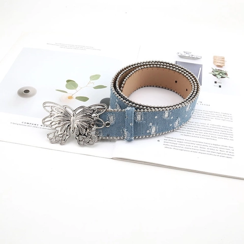 Cintura in Denim da Donna Con Fibbia a Farfalla Argento Cintura Moda Y2K Con Strass Usurati per Jeans Accessori Donna