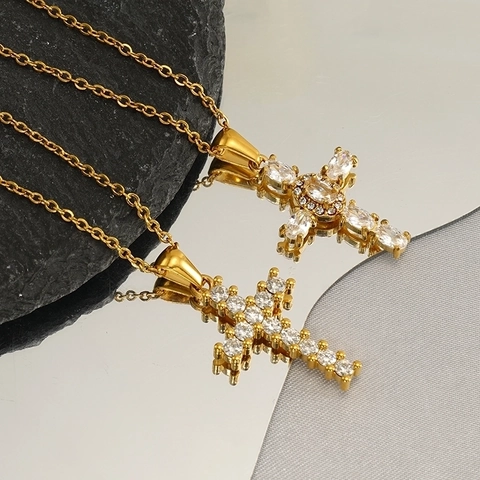 Kruis Hanger Ketting 18K Verguld Roestvrij Staal Met Zirkoon Mode Religieuze Sieraden Voor Dames Heren