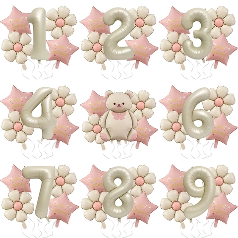 Birthday Balloon Set Aluminum Foil Bear Daisy Star Shapes Retro Cream For Party Decoration Kids Girls