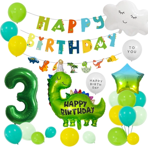 Dinosaur Birthday Party Decoration Aluminum Foil Latex Balloons Number Banner Hat Kids Green Yellow Theme