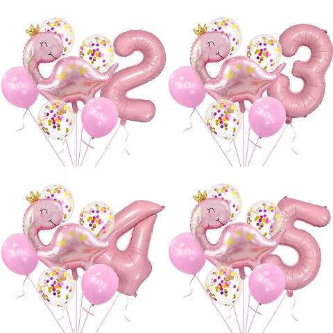 Set Di Palloncini In Alluminio Con Dinosauro Con Corona Rosa E Lattice Con Confetti Per Decorazione Festa Di Compleanno Ragazze Accessori Fotografia