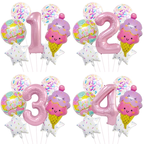 Ice Cream Theme Birthday Party Decoration Balloon Aluminum Foil Digital Number Balloons Kids Sweet Dessert Celebration Ornament