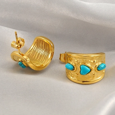 Gehämmerte Creolen Aus Edelstahl Mit Türkis Herz 18K Vergoldet Vintage Bohemian Schmuck Für Damen