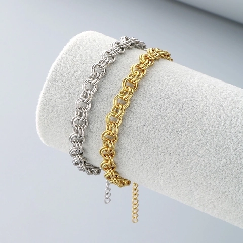 Roestvrijstalen Dubbele Schakelketting Armband 18K Verguld Geweven Ronde Ring Minimalistische Verstelbare Sieraden