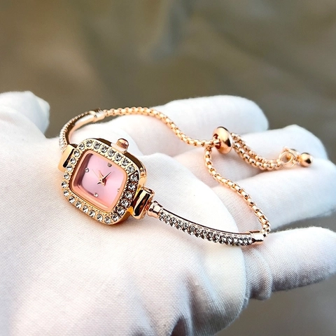 Elegant Women Quartz Watch Square Rhinestone Dial Alloy Metal Adjustable Bracelet Fashion Wristwatch For Ladies