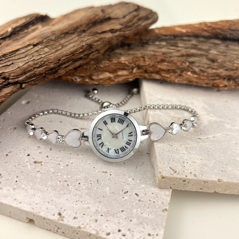 Fashion Women Heart Chain Quartz Watch Minimalist Roman Numerals Mother Of Pearl Dial Alloy Rhinestone Wristwatch Gift