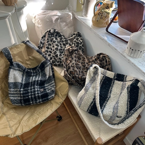 Dames Pluche Kunstbont Luipaard Gestreepte Tote Tas Grote Capaciteit Schouder Hobo Tas Herfst Winter Mode