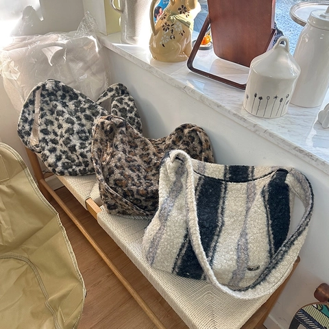 Dames Pluche Kunstbont Luipaard Gestreepte Tote Tas Grote Capaciteit Schouder Hobo Tas Herfst Winter Mode